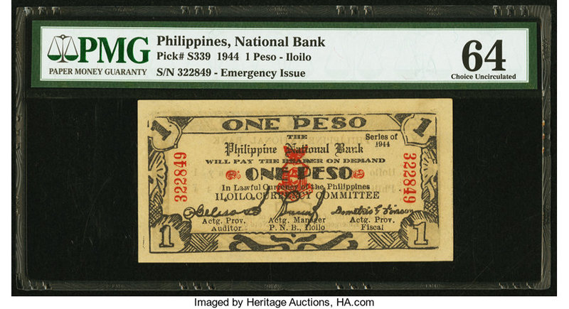 Philippines Philippine National Bank, Iloilo 1 Peso 1.5.1944 Pick S339 PMG Choic...