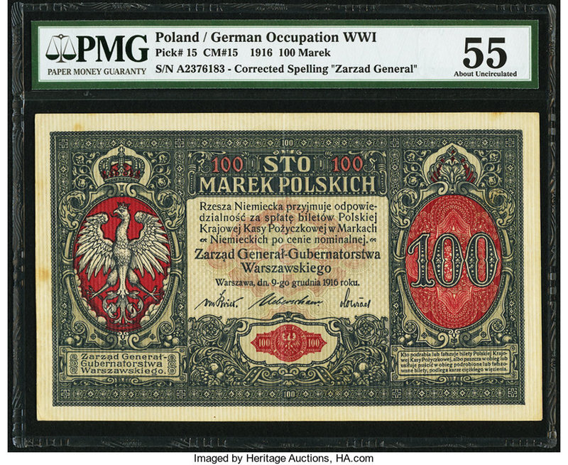 Poland German Occupation WWI 100 Marek 9.12.1916 Pick 15 PMG About Uncirculated ...