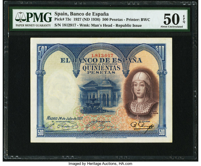 Spain Banco de Espana 500 Pesetas 1927 (ND 1936) Pick 73c PMG About Uncirculated...