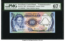 Swaziland Central Bank of Swaziland 10 Emalangeni 1981 Pick 6a "Diamond Jubilee Commemorative" PMG Superb Gem Unc 67 EPQ. 

HID09801242017