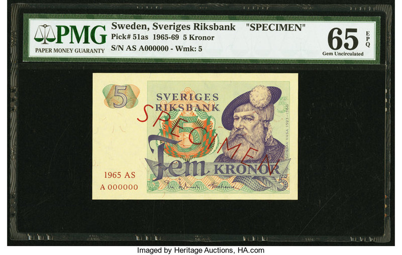 Sweden Sveriges Riksbank 5 Kronor 1965 Pick 51as Specimen PMG Gem Uncirculated 6...