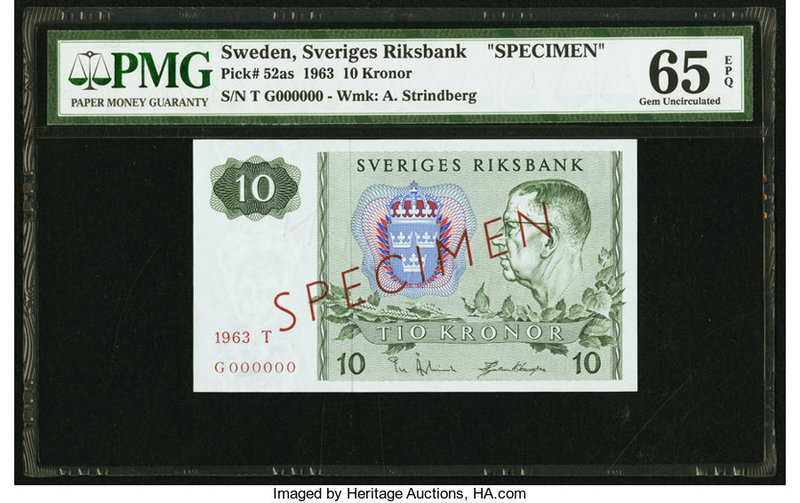 Sweden Sveriges Riksbank 10 Kroner 1963 Pick 52as Specimen PMG Gem Uncirculated ...