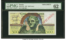 Tunisia Banque de l'Algerie / Tunisie 500 Francs 1947 Pick 25s Specimen PMG Uncirculated 62. Internal tear.

HID09801242017