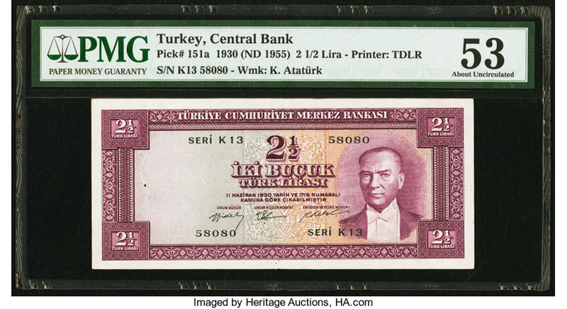 Turkey Central Bank of Turkey 2 1/2 Lira 1930 (ND 1955) Pick 151a PMG About Unci...