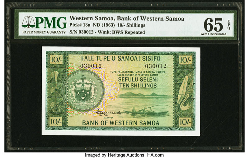 Western Samoa Bank of Western Samoa 10 Shillings ND (1963) Pick 13a PMG Gem Unci...