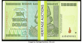 Zimbabwe Reserve Bank of Zimbabwe 10 Trillion Dollars 2008 Pick 88 Pack of 100 Notes Gem Crisp Uncirculated. Outer notes have some edge scuffing.

HID...