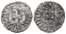 The Crown of Aragon. Pedro III (1336-1387). Dinero. (Cru-463). Anv.: ARA-GON. Busto coronado a izquierda. Rev.: :PETRUS DEI GRA REX. Cruz patriarcal. ...