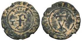 Catholic Kings (1474-1504). Blanca. Toledo. Ae. 1,36 g. Con T a la izquierda de la F coronada. Rare. VF. Est...65,00.