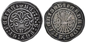 Catholic Kings (1474-1504). 1/2 real. Burgos. (Cal-429). Ae. 1,60 g. Armiño al final de la leyenda en anverso. Pátina. Choice VF/VF. Est...70,00.