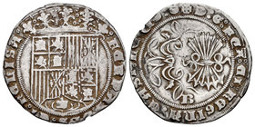 Catholic Kings (1474-1504). 1 real. Burgos. (Cal-290). Ag. 3,14 g. Caldero en leyenda de reverso. Golpe en el canto. Scarce. VF. Est...80,00.