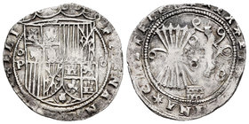Catholic Kings (1474-1504). 1 real. Segovia. (Cal-353 variante). Ag. 3,37 g. Ensayador P al lado izquierdo del escudo debajo de roel, al otro lado roe...