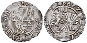Catholic Kings (1474-1504). 1 real. Segovia. P. (Cal-354). Ag. 3,36 g. Escudo entre tres punto y P con punto. Acueducto. Ligera doble acuñación. Fina ...