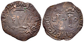 Charles-Joanna (1504-1555). 4 maravedís. Santo Domingo. (Cal-209). Ae. 2,65 g. Con S invertida. Scarce. Choice F. Est...90,00.