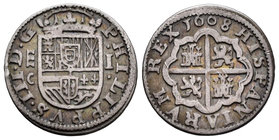 Philip III (1598-1621). 1 real. 1608. Segovia. C. (Cal-472). Ag. 3,12 g. Acueducto de dos arcos. Puntos acotando el valor. VF. Est...100,00.