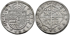 Philip III (1598-1621). 8 reales. 1618. Segovia. A. (Cal-159 similar). Ag. 24,82 g. Falsa de época por fundición. Acueducto de cinco arcos y dos pisos...