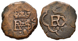 Philip IV (1621-1665). Ae. 2,61 g. Resello de 8 maravedís de Sevilla de 1658 sobre 8 maravedís de martillo (1603-1626) que ocupa toda la moneda. VF. E...
