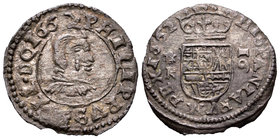 Philip IV (1621-1665). 16 maravedís. 1662. Coruña. R. (Cal-no cita). (Jarabo-Sanahuja-no cita). Ae. 2,77 g. Doble fecha. Muy rara. Choice VF. Est...15...