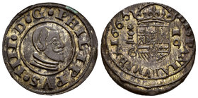 Philip IV (1621-1665). 16 maravedís. 1663. Cuenca. (Cal-1318). (Jarabo-Sanahuja-M194). Ae. 4,54 g. Acuñación desplazada en reverso. XF. Est...60,00....