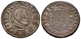 Philip IV (1621-1665). 16 maravedís. 1663. Cuenca. (Cal-1318). (Jarabo-Sanahuja-M196). Ae. 4,20 g. VF. Est...18,00.