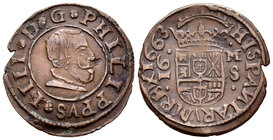 Philip IV (1621-1665). 16 maravedís. 1663. Madrid. S. (Cal-1400). (Jarabo-Sanahuja-M392). Ae. 4,09 g. Valor a la izquierda. Alabeada. Very rare. VF. E...