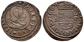 Philip IV (1621-1665). 16 maravedís. 1663. Madrid. S. (Cal-1399). (Jarabo-Sanahuja-M382). Ae. 4,19 g. La N invertida y una B lugar de E en reverso. Ch...