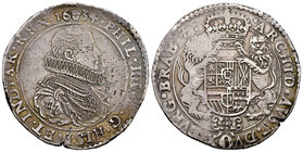 Philip IV (1621-1665). 1 ducatón. 1634. Antwerpen. (Vti-1159). (Vanhoudt-640.AN). Ag. 32,36 g. Tone. Scarce. Choice VF. Est...300,00.