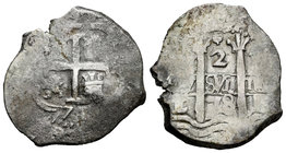 Charles II (1665-1700). 2 reales. 1678. Potosí. E. (Cal-606). Ag. 7,26 g. Doble fecha. Oxidaciones en anverso. Choice F/VF. Est...50,00.