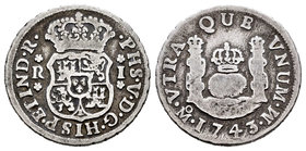 Philip V (1700-1746). 1 real. 1743. México. M. (Cal-1605). Ag. 3,09 g. Choice F. Est...30,00.