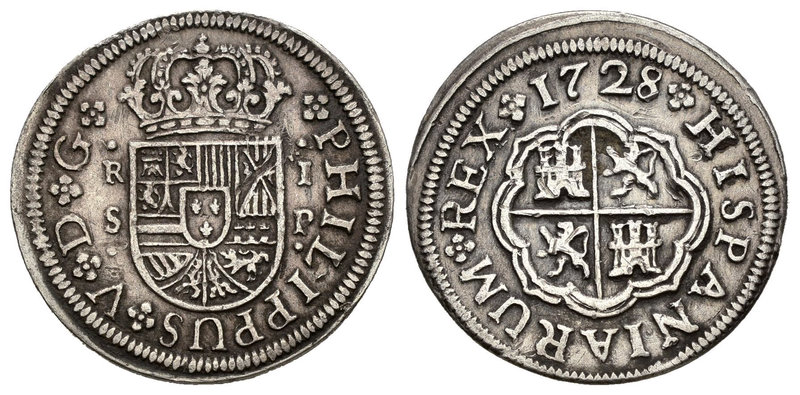 Philip V (1700-1746). 1 real. 1728. Sevilla. P. Ag. 2,71 g. Choice VF. Est...60,...
