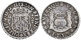 Philip V (1700-1746). 2 reales. 1739. México. MF. (Cal-1287). Ag. 6,54 g. Almost VF. Est...50,00.