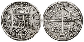 Philip V (1700-1746). 2 reales. 1718/¿1?. Segovia. J. (Cal-1388 variante). Ag. 5,71 g. ¿Sobrefecha?. Raya en reverso. Choice VF. Est...90,00.