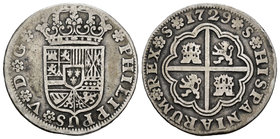 Philip V (1700-1746). 2 reales. 1729. Sevilla. (Cal-1429). Ag. 5,67 g.  Sin valor ni ensayador. Scarce. Almost VF. Est...30,00.