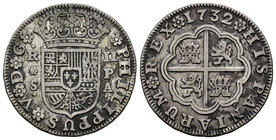 Philip V (1700-1746). 2 reales. 1732. Sevilla. PA. (Cal-1432). Ag. 5,81 g. VF. Est...35,00.