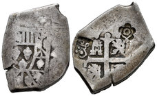 Philip V (1700-1746). 4 reales. Sin fecha. México. (F). (Cal-tipo 175). Ag. 13,19 g. Resellos de Soumanap, capital del puerto de la isla Madura, en la...