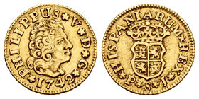 Philip V (1700-1746). 1/2 escudo. 1742. Sevilla. PJ. (Cal-582). Au. 1,77 g. Scarce. Choice VF. Est...200,00.