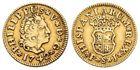 Philip V (1700-1746). 1/2 escudo. 1742. Sevilla. PJ. (Cal-582). Au. 1,75 g. Choice VF. Est...130,00.