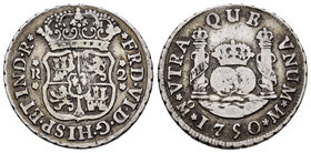 Ferdinand VI (1746-1759). 2 reales. 1750. México. M. (Cal-490). Ag. 6,55 g.  Rayas de ajuste en reverso. Almost VF. Est...65,00.