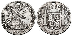 Charles III (1759-1788). 8 reales. 1779. Lima. MJ. (Cal-860). Ag. 25,82 g. Interesante composición artística de época. Agujero. VF. Est...60,00.