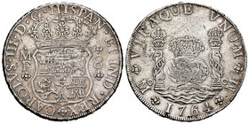 Charles III (1759-1788). 8 reales. 1764. México. MF. (Cal-899). Ag. 26,74 g. Soldadura reparada en el escudo y resto de soldadura en el canto a las 12...