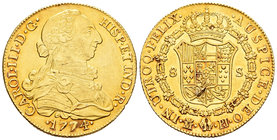 Charles III (1759-1788). 8 escudos. 1774. Madrid. PJ. (Cal-54). (Cal onza-723). Au. 27,03 g. Leve roce en el cuello y roce en el escudo que hace leven...