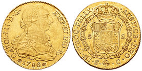 Charles III (1759-1788). 8 escudos. 1786. Sevilla. C. (Cal-260). (Cal onza-965). Au. 26,86 g. It retains some luster. Scarce. Almost XF. Est...1400,00...