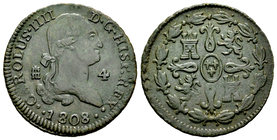 Charles IV (1788-1808). 4 maravedís. 1808. Segovia. (Cal-1520 variante). Ae. 5,53 g. Scarce. Choice VF. Est...100,00.
