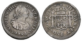 Charles IV (1788-1808). 1/2 real. 1796. México. FM. (Cal-1290). Ag. 1,65 g. Choice F/Almost VF. Est...25,00.