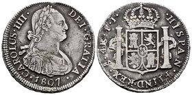 Charles IV (1788-1808). 4 reales. 1807. Santiago. FJ. (Cal-906). Ag. 13,29 g. Oxidations. Scarce. VF. Est...200,00.