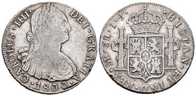 Charles IV (1788-1808). 8 reales. 1800. Lima. IJ. (Cal-655). Ag. 26,91 g. Choice F/Almost VF. Est...60,00.