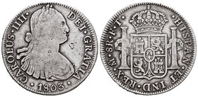 Charles IV (1788-1808). 8 reales. 1803. México. FT. (Cal-699). Ag. 26,61 g. Choice F. Est...50,00.