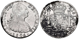 Charles IV (1788-1808). 8 reales. 1805. México. TH. (Cal-703). Ag. 26,97 g. Concreciones. Choice VF. Est...60,00.