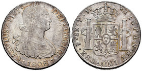 Charles IV (1788-1808). 8 reales. 1808. Potosí. PJ. (Cal-732). Ag. 27,04 g. It retains some luster. Toned. Almost XF/Choice VF. Est...150,00.