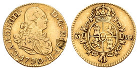 Charles IV (1788-1808). 1/2 escudo. 1790. Madrid. MF. (Cal-610). Au. 1,71 g. Hojita en anverso. Rara. VF. Est...300,00.
