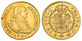 Charles IV (1788-1808). 1 escudo. 1791. Madrid. MF. (Cal-490). Au. 3,35 g. Golpe en el canto. Choice VF. Est...160,00.